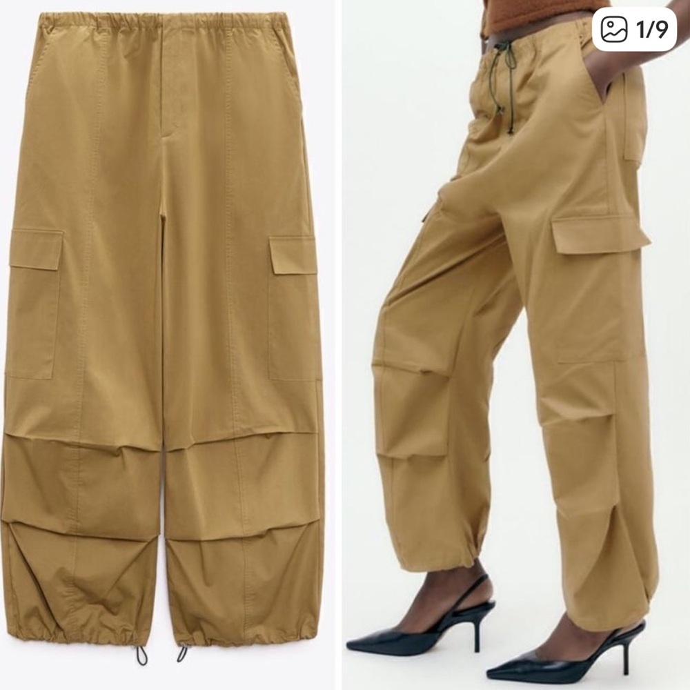 Zara Tan Cargo Track Pants with Drawstring Hems